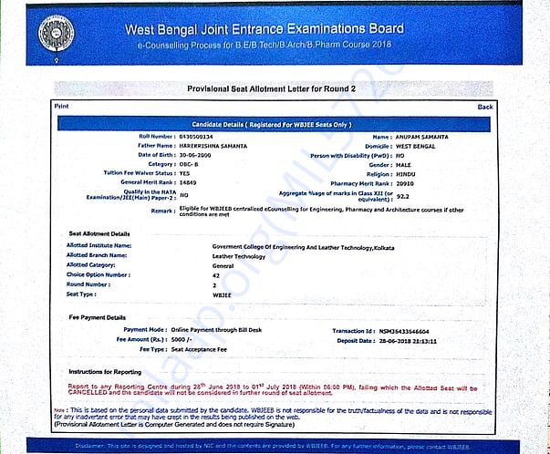 Provisional seat allotment letter