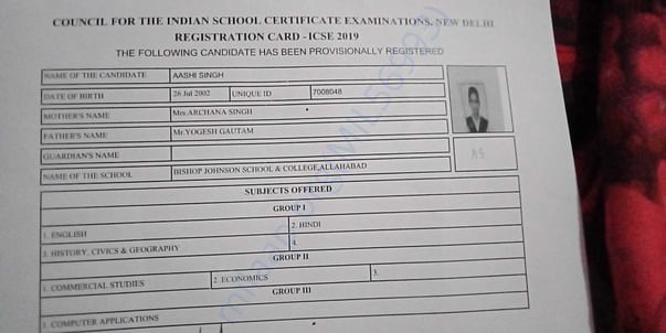 My daughters registration card