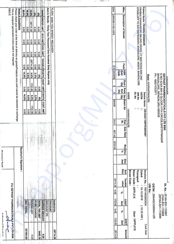 Invoice copy of medicines