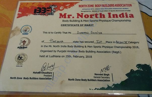 1st Rank -Mr. North India-North Zone Bodybuilders Association 2018