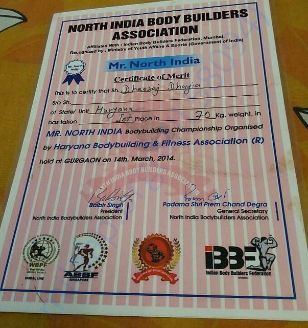 1st Rank - Mr. North India -North India Body Builders Ass.-2014