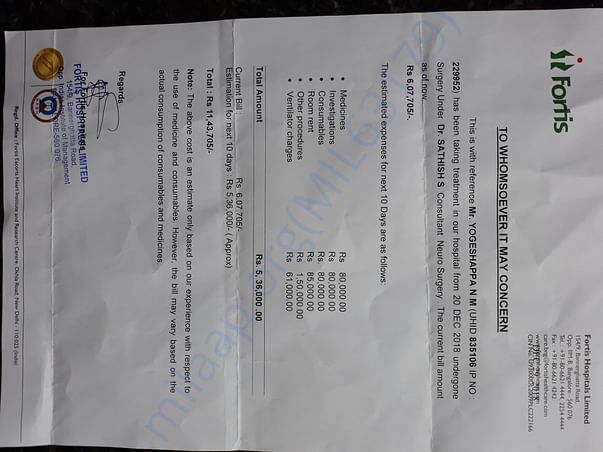 fortis hospital current bill and estimation letter