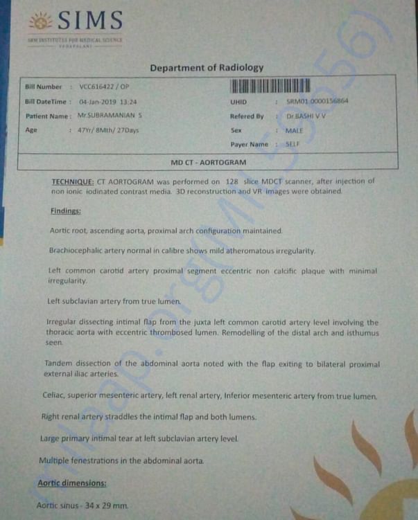 CT SCAN - CONTRAST AORTA REPORT taken 4th January 2019 @ SIMS, CHENNAI