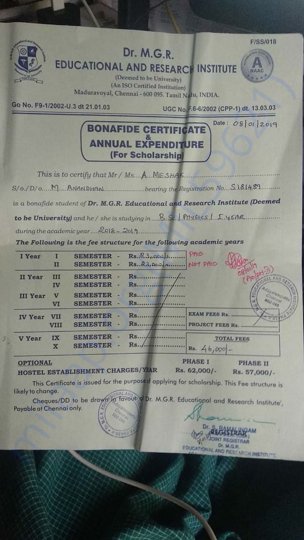 Bonafide certificate and Annual expenditure