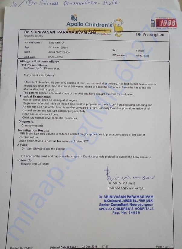 Pls Help 9 Month Athira Baby Undergo CARNIOSYNOSTOSIS