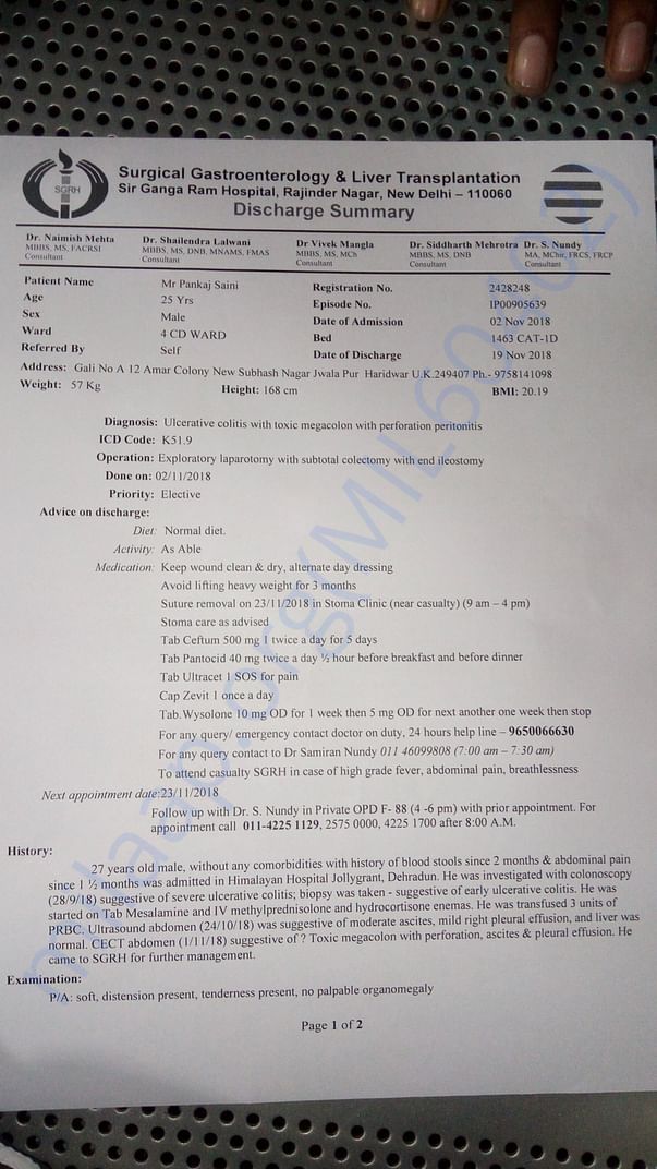 Discharge summary of 1st operation