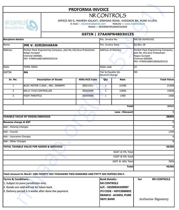 Invoice for motor and accessories