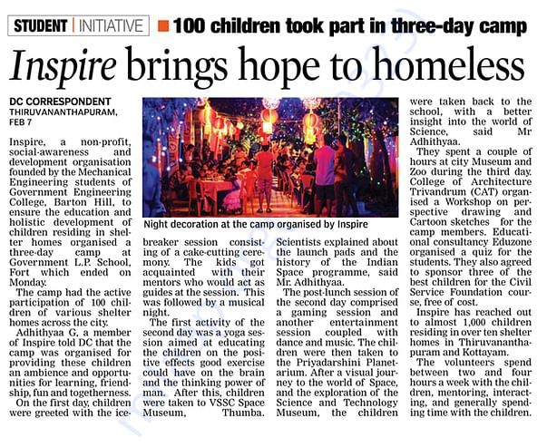 Inspire Camp 2018 Newspaper report, Deccan Chronicle