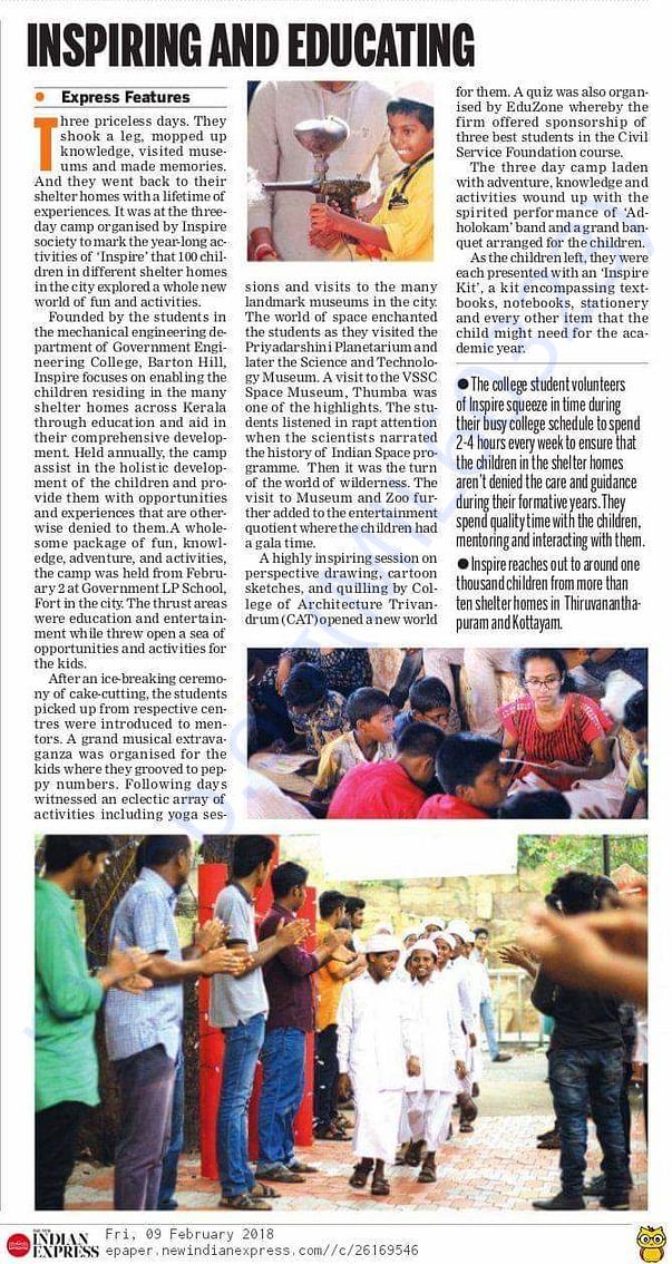 New Indian Express Newspaper report on Inspire Camp 2018