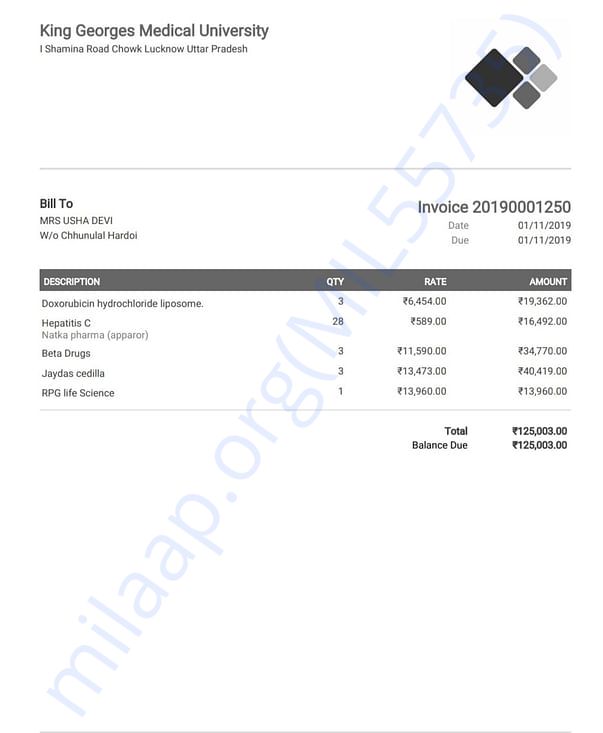 Invoice for medicine