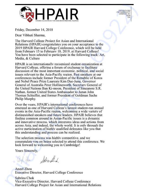 Acceptance letter