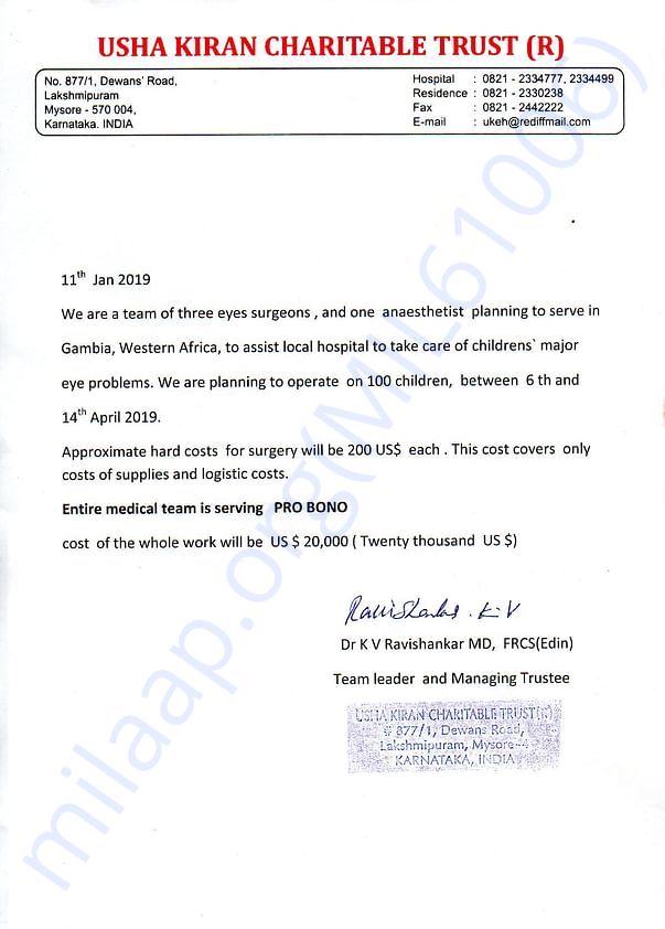 PROJECT COST LETTER