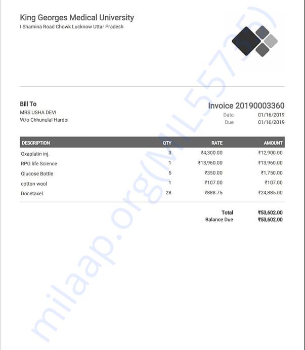 Invoice for medicine