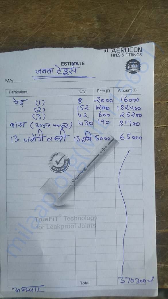 Rough bill of work done through cash donations to us.
