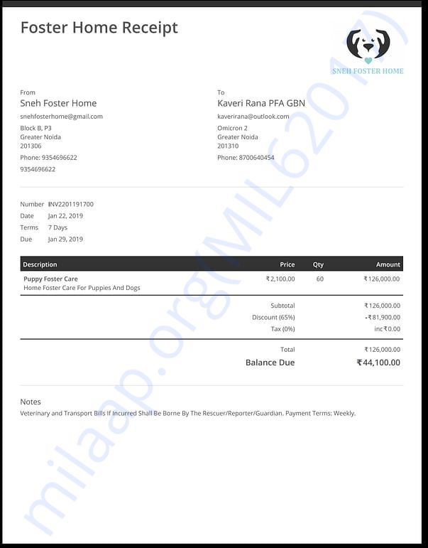 Receipt For Foster Home