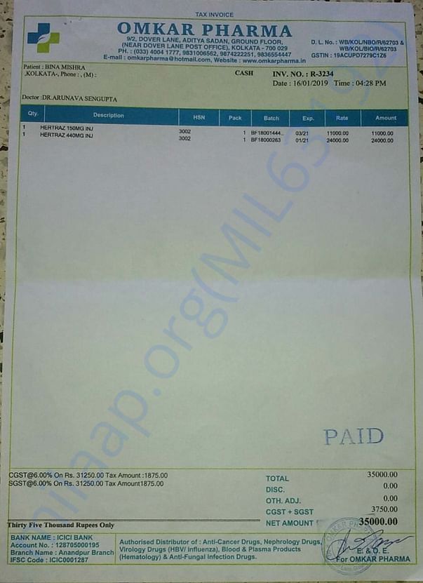 Medical Bill of Herceptin Medicine