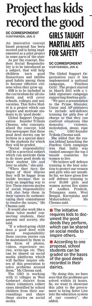 Article in Deccan Chronicle about our Fearless Girls Project