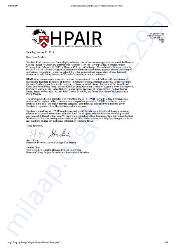 Financial Support letter