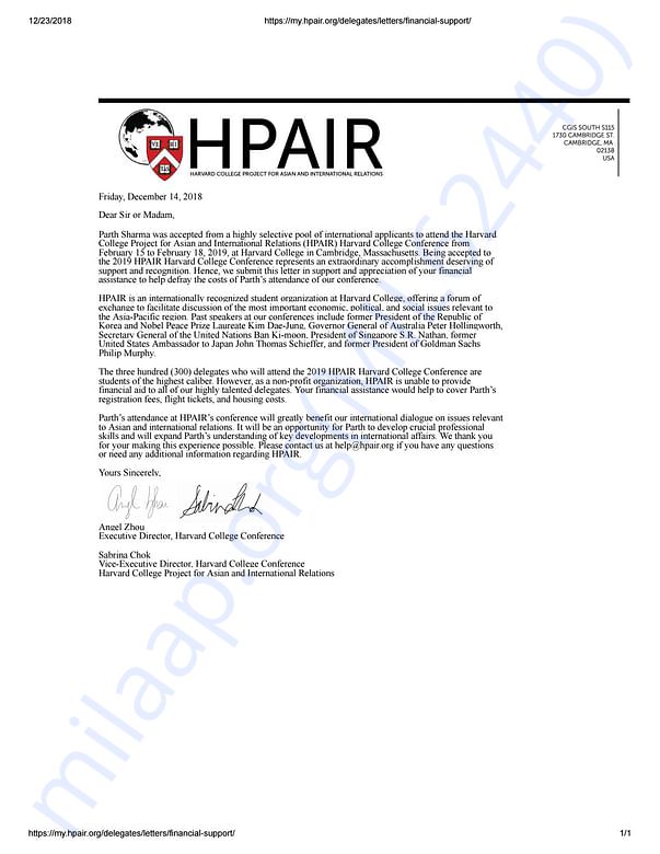 Financial Support Letter