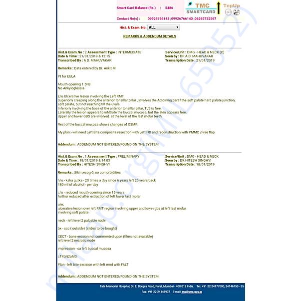 A report from TATA MEMORIAL HOSPITAL stating about his ulcer in mouth.