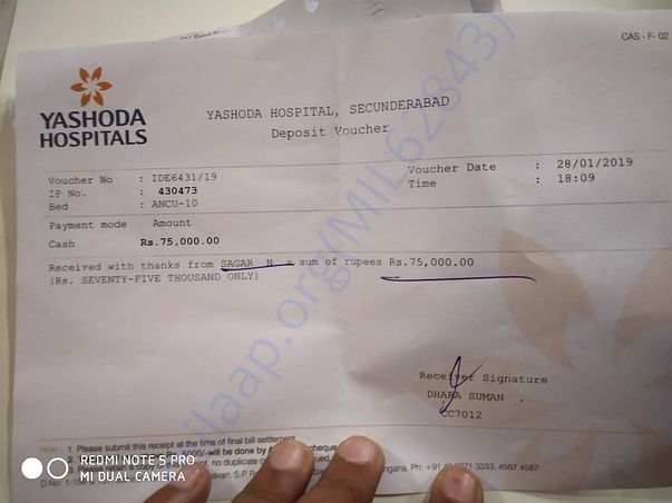 Initial deposit. Per day expenses for the treatment