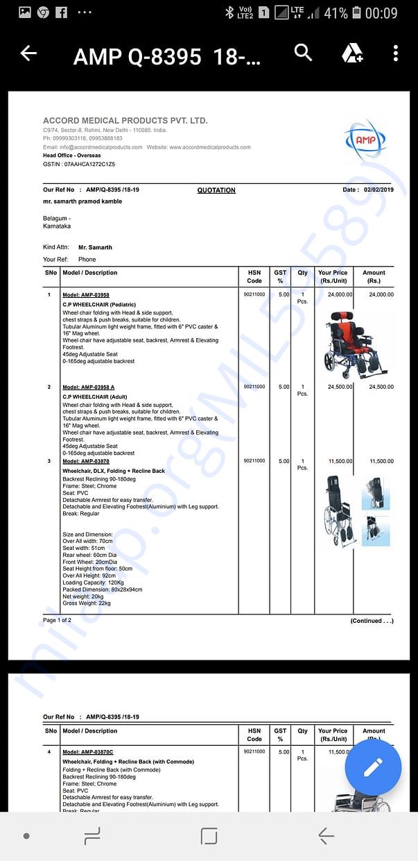 Quatation of electricity chairs for Samarth