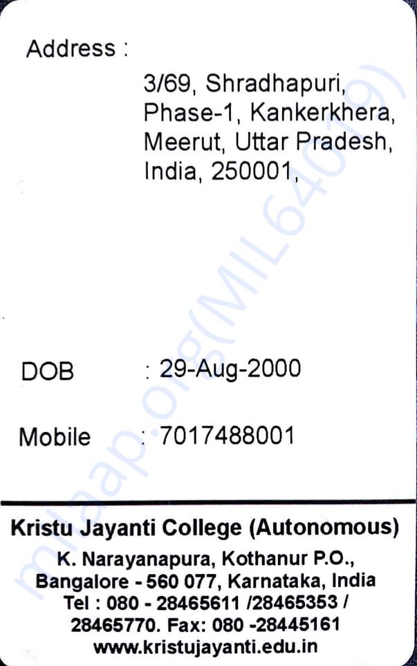 Colege I'd card back side with address