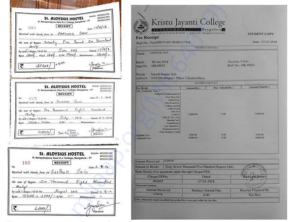 Hostel fee paid receipts