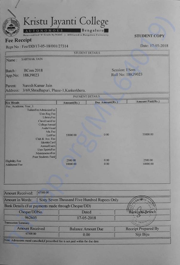 B.Com Admission receipt & fee receipts