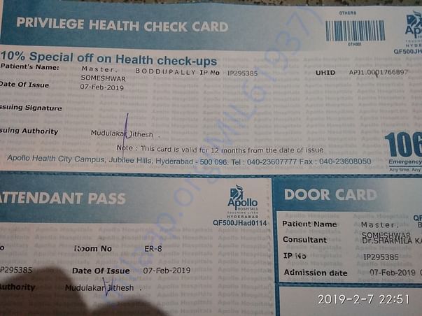 Admitted in Apollo hospital film nagar branch on 07 feb 2019