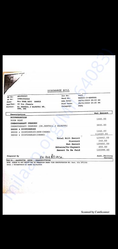 1st chemo sitting bill