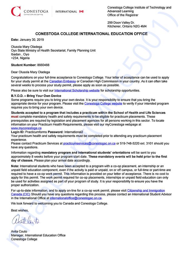 Admission letter