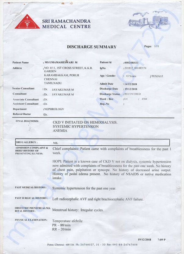 Dr. Certificate for Hemodyalisys twice a week