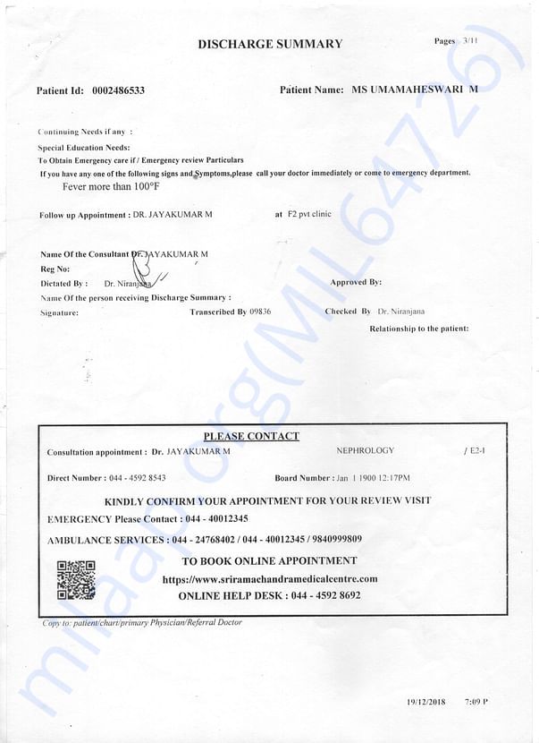 Dr. Certificate for Hemodyalisys twice a week