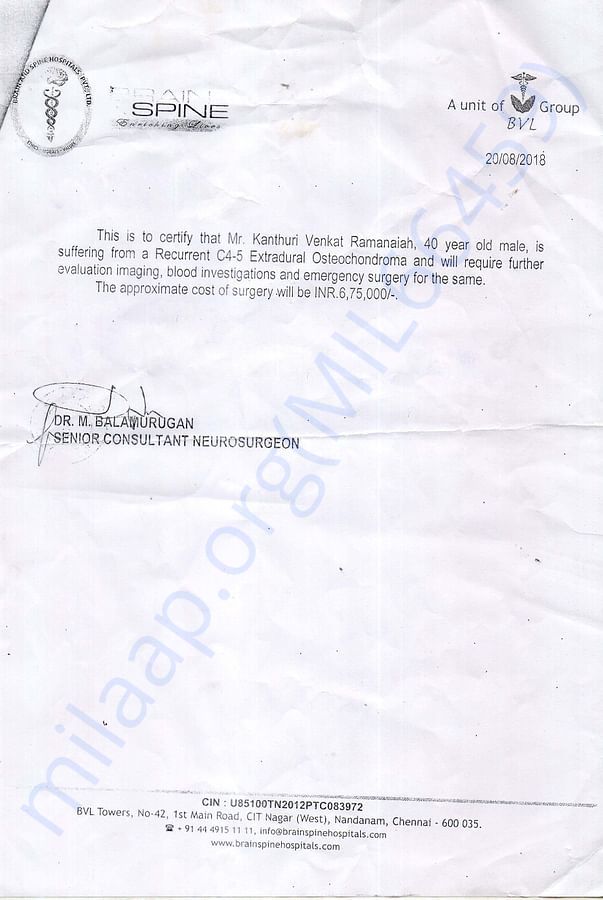 Treatment Estimation letter from doctor