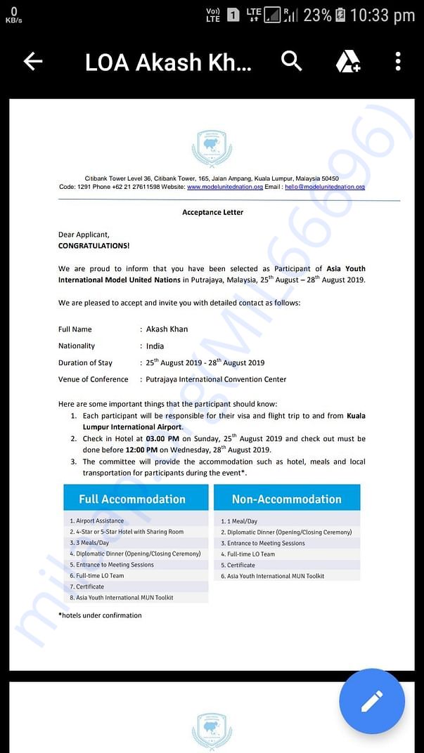 This is the letter of acceptance from AYIMUN