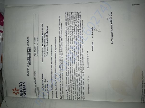 I am suffered with pneumothorax disease it needs surgery in yashoda