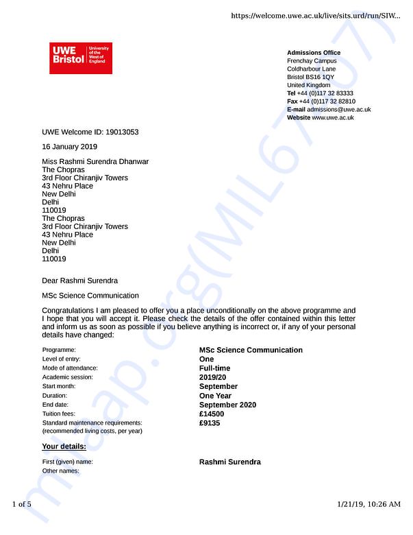 Admission letter