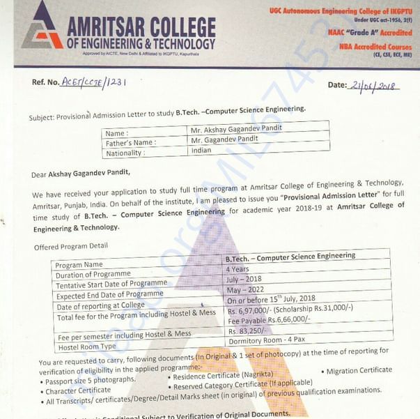 Admission letter