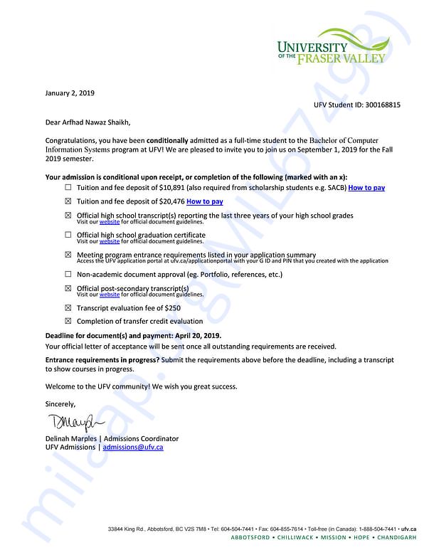 Admission letter