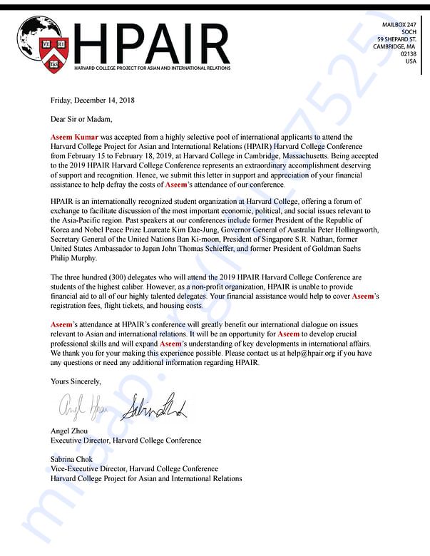 Financial Support Letter from the Organising Committee