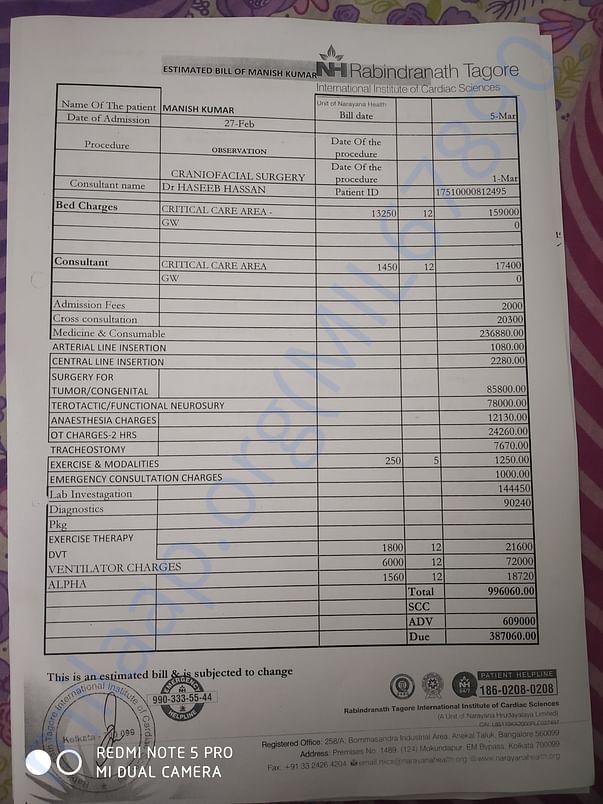 Treatment detail and estimated bill for 12 days only.