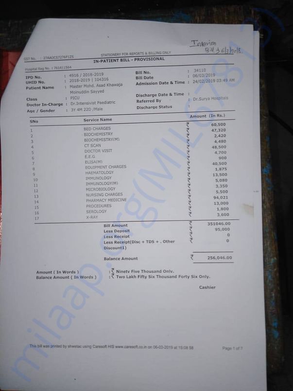 Surya Hospital Provisional Bill till 6-March-2019