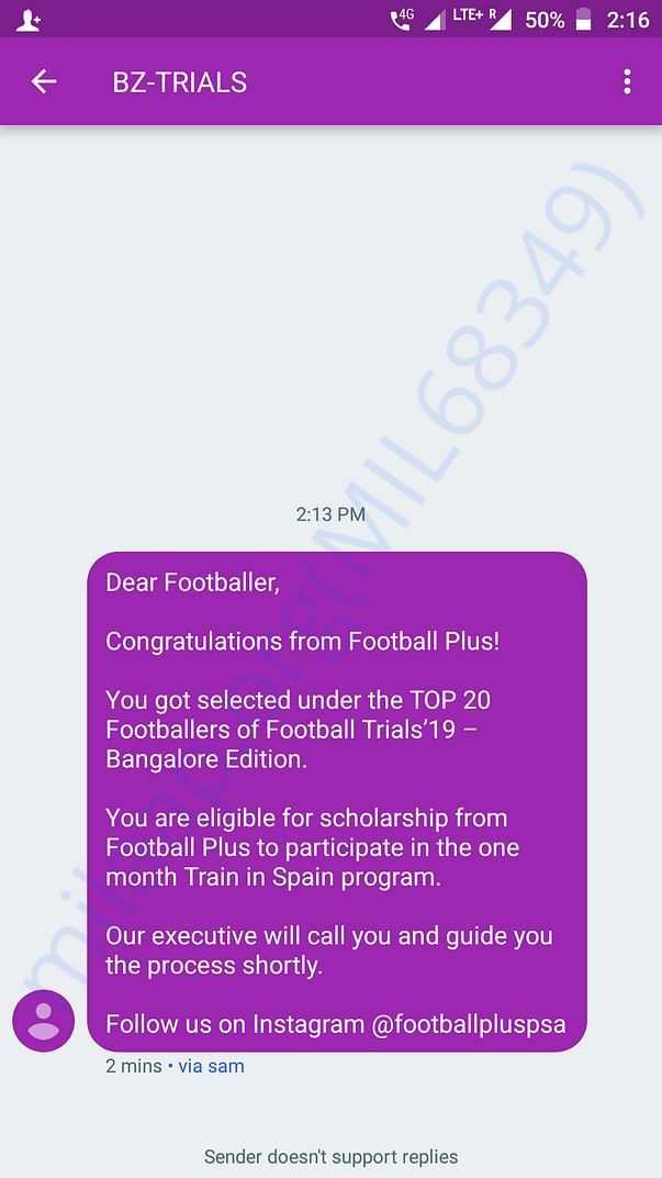 Bangalore trail's confirmation msg