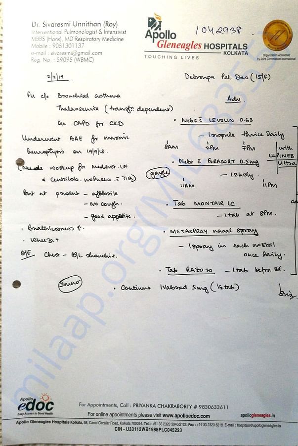 Prescription of pulmonologist , kolkata.