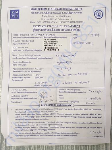 ICU ward Charges 45000rs per day Estimate Cost