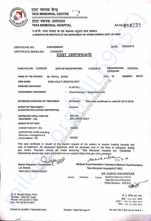 Cost Certificate