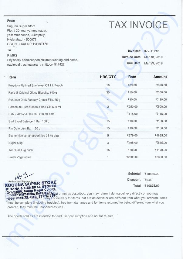Monthly Grocery bill for handicapped children to serve food