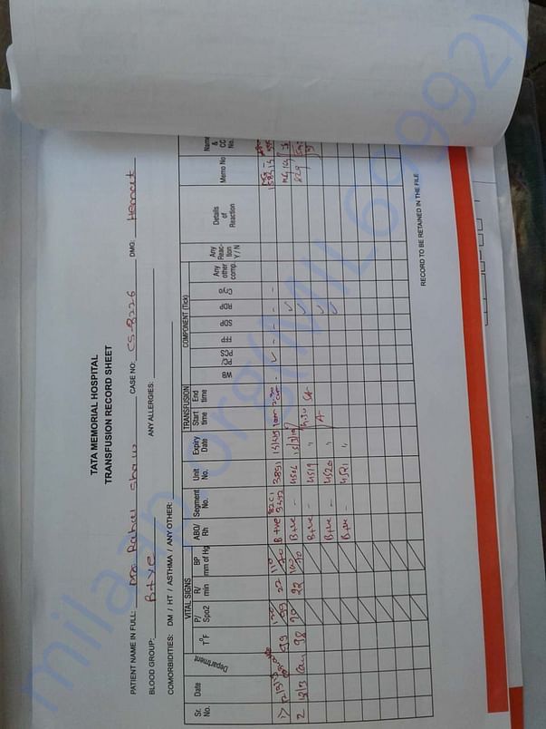 Record Sheet For Blood Transfusion