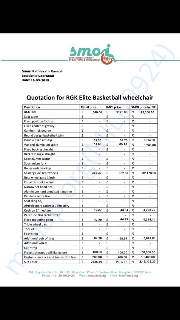 My professional sports wheelchair estimation letter